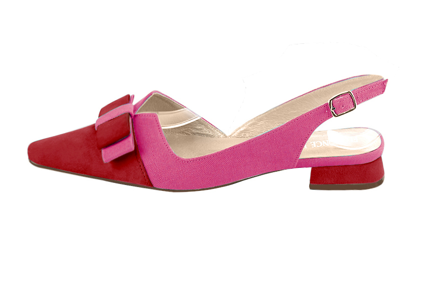 Women's cardinal red and hot pink elegant slingback heels, with a bow on the front. Tapered toe. Flat block heels - Profile view